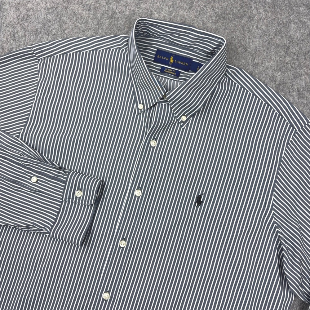 Ralph Lauren Shirt Mens Large Gray Striped Classic Fit Performance Golf Button